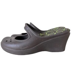 CROCS Frances Brown Slip On Mary Jane Style 3" Wedge Mules Clogs Women's Size 8